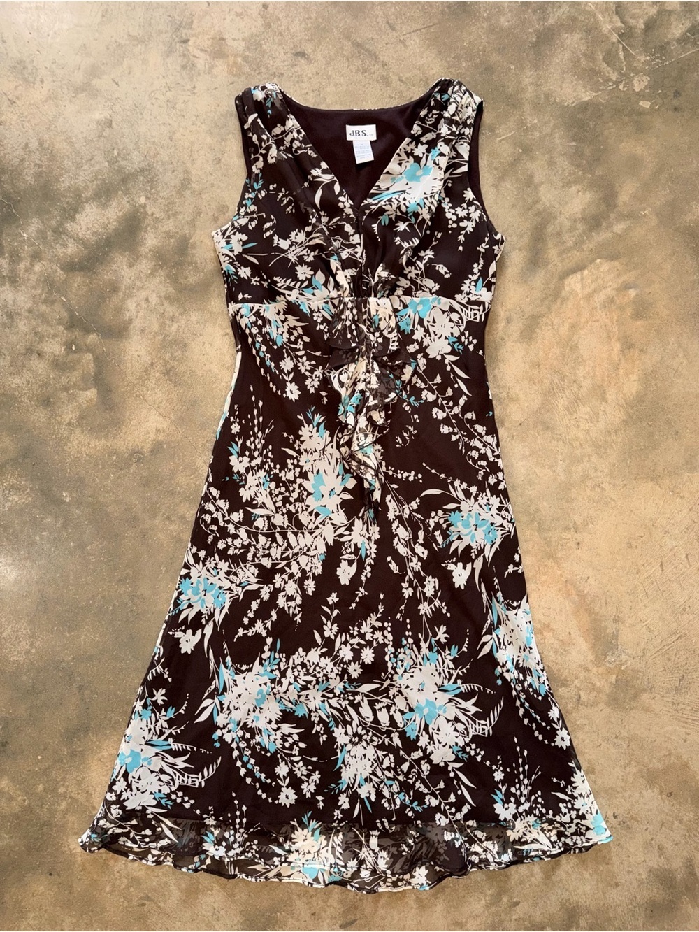 J.B.S. Brown Floral Sleeveless Ruffle V-Neck Midi Dress Size 10